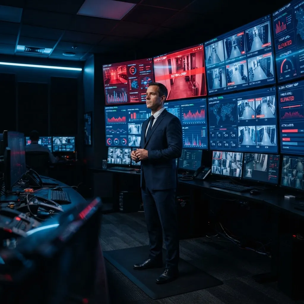 Security operations command wall with data dashboards