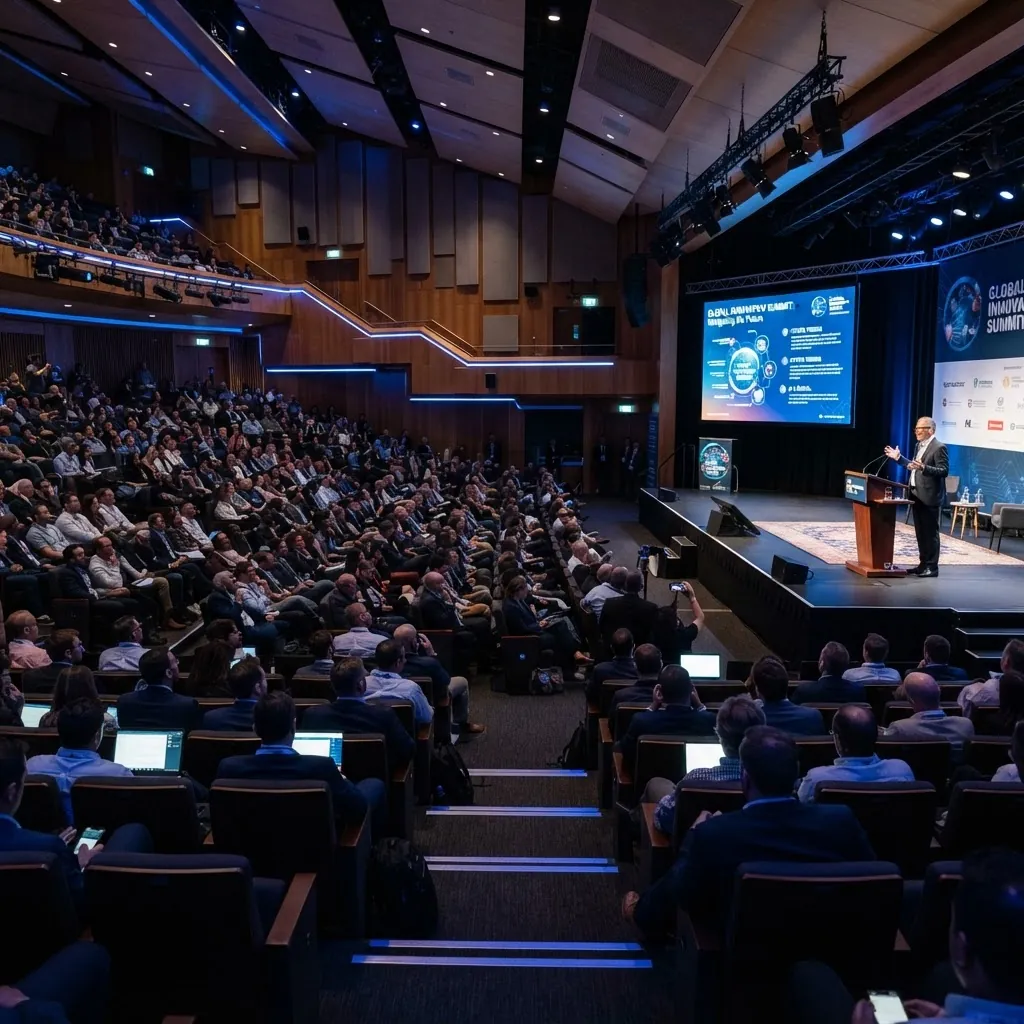 Packed conference hall audience facing the summit stage
