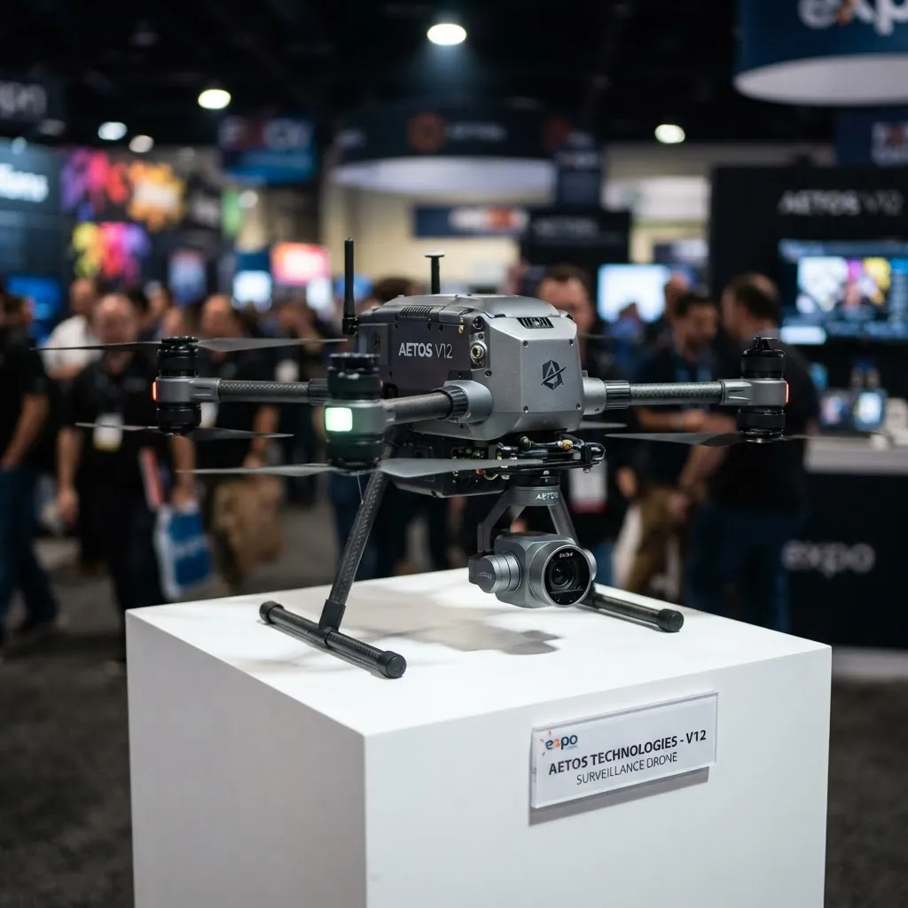 Close-up of a professional surveillance drone on display at the expo